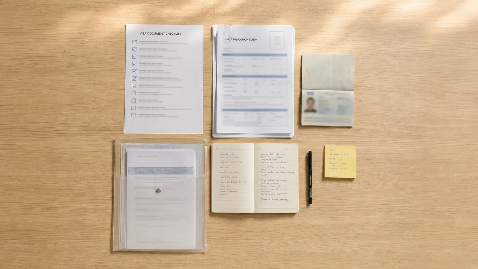 Visa documents and application forms on a desk